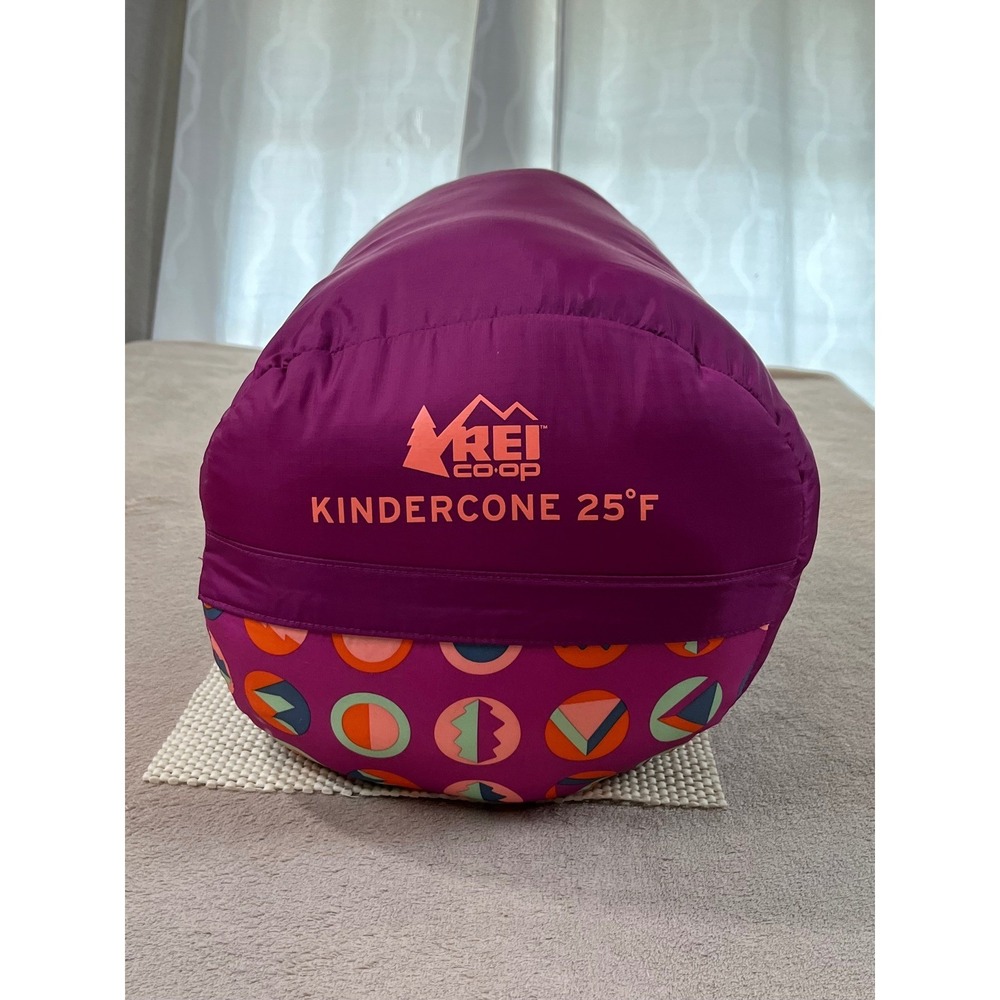REI Co-op Kindercone 25 Kids Sleeping Bag Purple Geometric Pattern Mummy GOOD